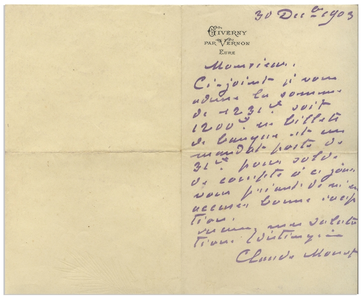 Claude Monet Autograph Letter Signed -- Monet Writes to His Wine Merchant